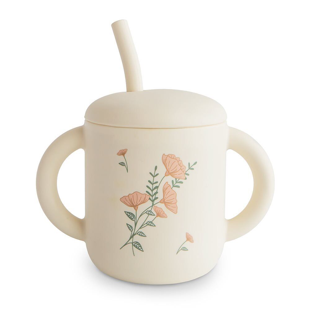 Mushie Trinklernbecher mit Strohhalm Pink Flowers – Bild 1