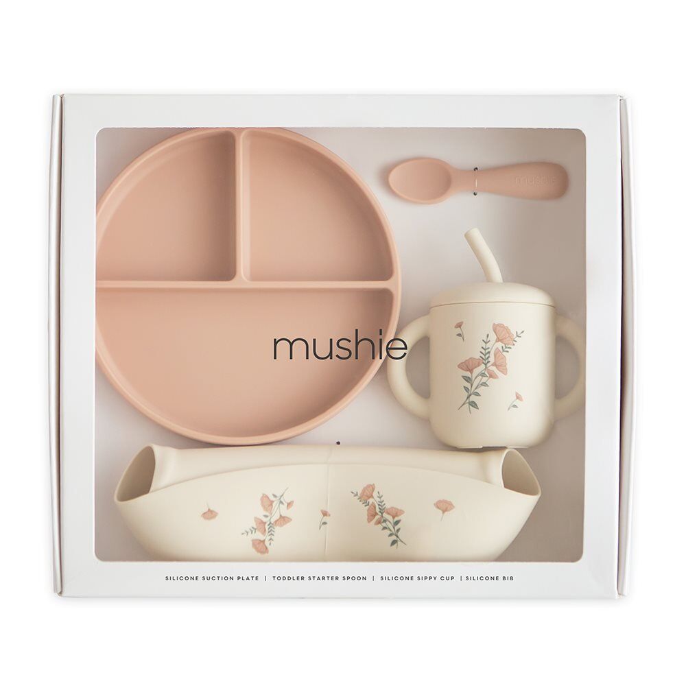 Mushie Silikon Geschirr Set Pink Flowers – Bild 1
