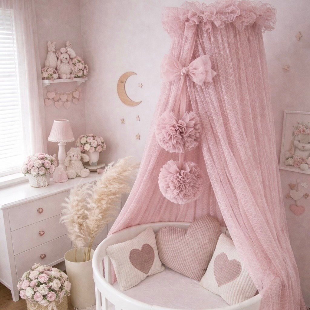 Retro tulle bed canopy in antique rose with 2 pom-poms (main image)