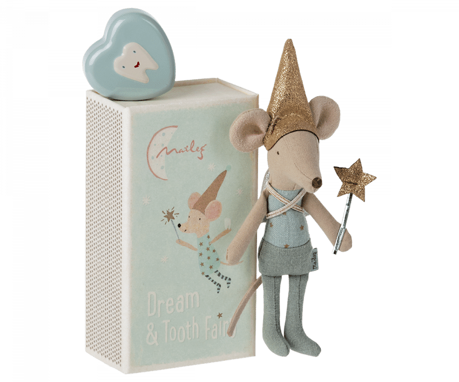 16-1739-02_2-900×750-resize-fill.png Maileg Tooth Fairy Mouse in Matchbox - Blue Main Image