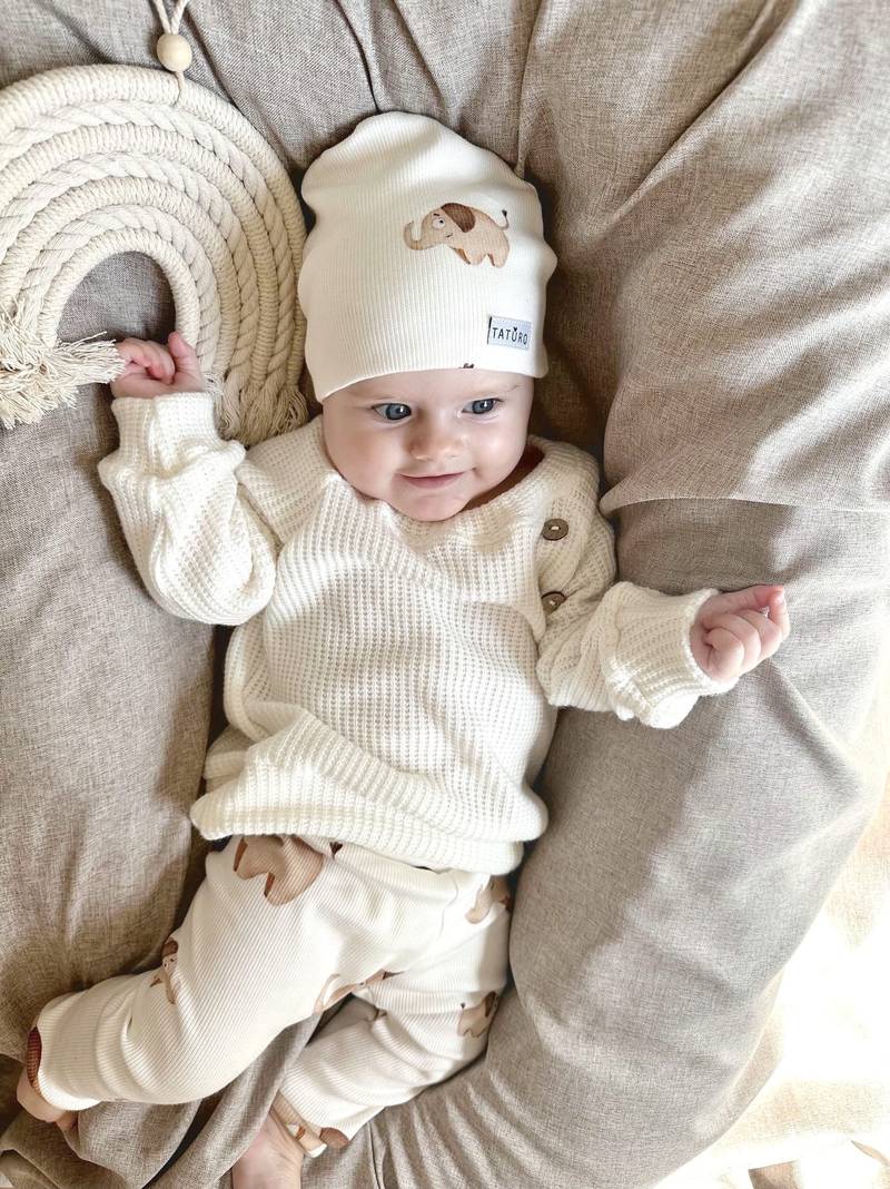 Ensemble bébé | Sweat-shirt, pantalon et bonnet | Coton GOTS | Image principale : Éléphants