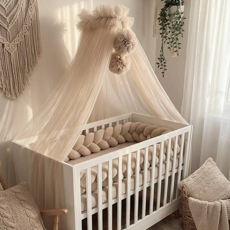 Bed canopy tulle beige with 2 pom-poms (main image)